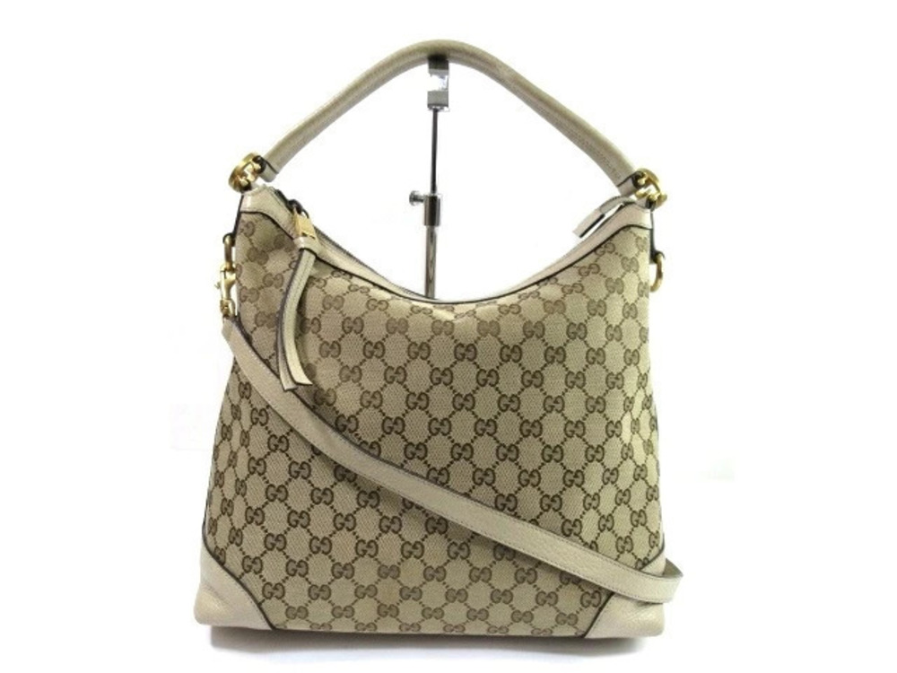 Gucci Shoulder Bag Beige Cream Gold Canvas Leather